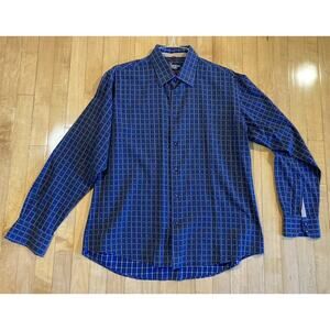 Luchiano Visconti‎ Men’s XL Blue Square Checkered Striped Dress Shirt Cotton